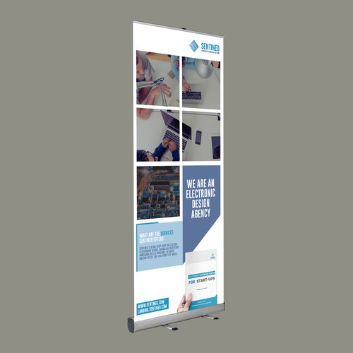 Design of a roll-up banner for a trade-fair introducing our Electronic Design Agency! Design by Creativity symbol