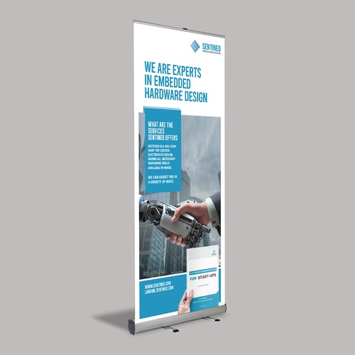 Design of a roll-up banner for a trade-fair introducing our Electronic Design Agency! Design by Creativity symbol