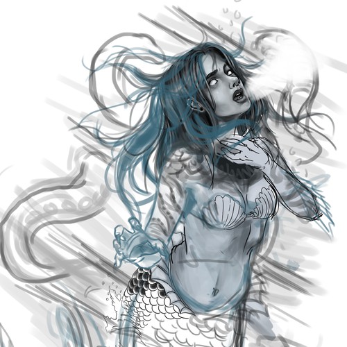 Design a realism tattoo featuring a dark version of the Little Mermaid Design by suputra