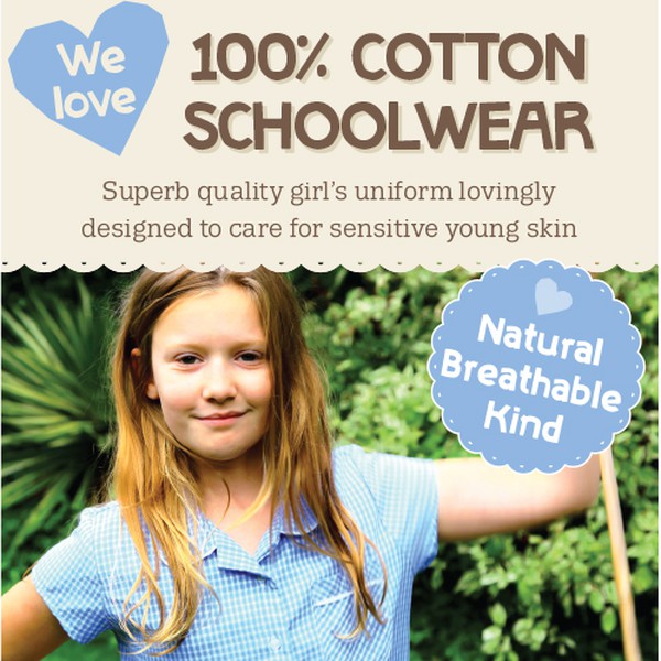 Create a beautiful, modern advert aimed at mums to advertise cotton school dresses