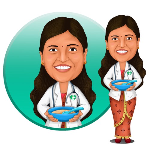 Design an attractive caricature of  "doctor mom, Dr Hema " for a healthy organic indian baby food br Design by mons.gld