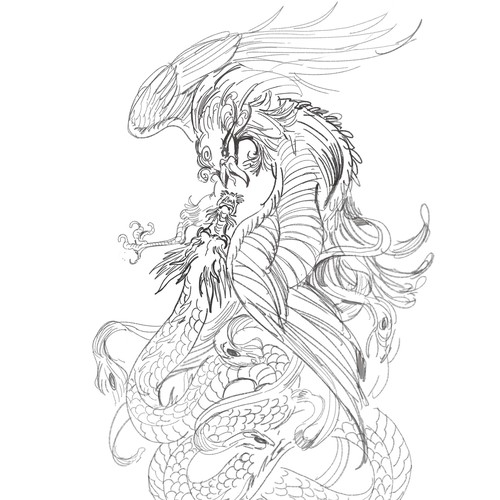 Tattoo Design: Full color Japanese style sleeve of Phoenix and Dragon Design by Lalu Taki