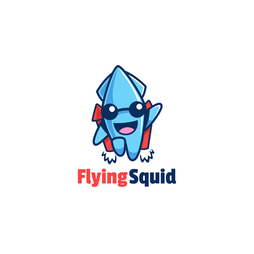 Logo of a squid wearing a jetpack for product named FlyingSquid Design by Halin