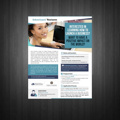 One page flyer for program that supports teen entrepreneurs Design by creativestardesigner