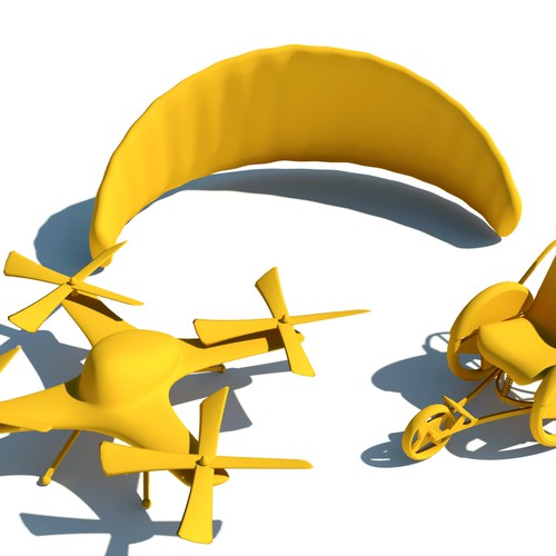 Make a printable 3d model of a paragliding wheelchair being pulled by quadcopters. Design by ututkusumadhata