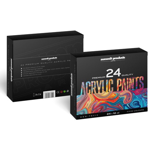 We need a vibrant packaging design for a premium quality acrylic paint set Design by Bognar Graphics