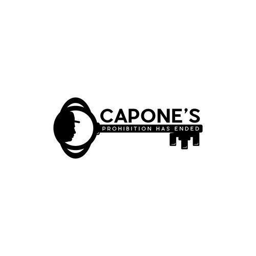 Design a prohibition style logo with a old key and al Capone face ( side view ) black and white Design by BRANDITU