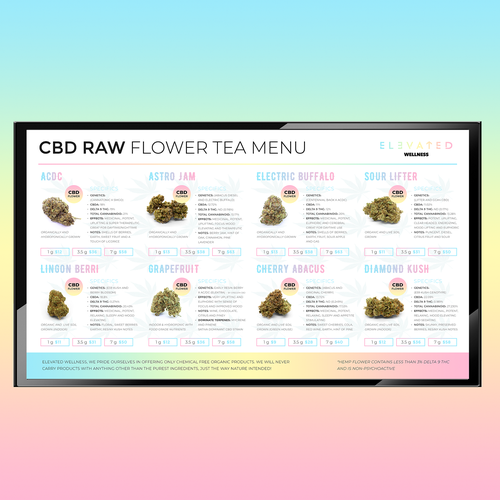 Flashy Cannabis Menu that highlights our Flower options Design by 99B