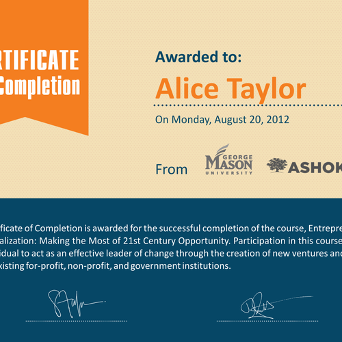 Ashoka U Online needs a new certificate of completion  Design by Ayra