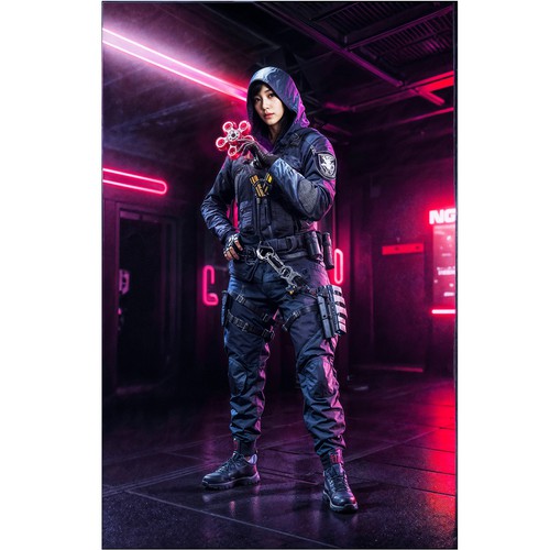 Illustration of a mysterious fearless powerful female video game character Design by Sign Relation