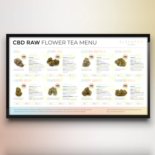 Flashy Cannabis Menu that highlights our Flower options Design by 99B