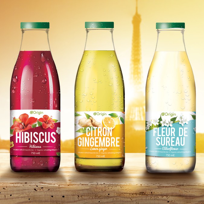 Labels for ORIGIN juice International organic soft drinks brand Product label contest