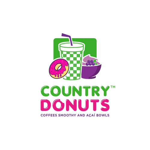 We need a modern exciting logo to encompasses our Name Country Donuts Coffee smoothy bowls Design réalisé par ropix