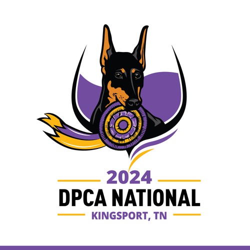 BRIGHTLY COLORED ELEGANT LOGO THAT INCLUDES A DOBERMAN WITH A WINNING ROSETTE Design by Katykevan