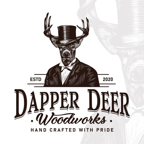 Vintage Dapper Deer logo for high-end woodworking. Design by sarvsar