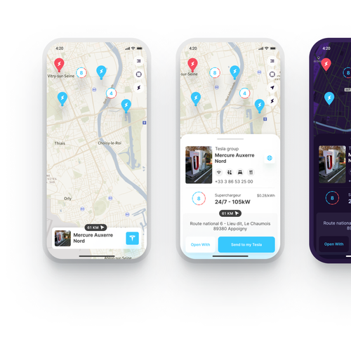 Tesla App to localise charging point on a map Design by Yokha Shilin