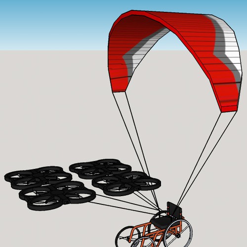Make a printable 3d model of a paragliding wheelchair being pulled by quadcopters. Design by Ellington