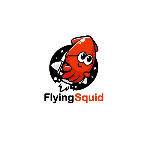 Logo of a squid wearing a jetpack for product named FlyingSquid Design by jasterxinan
