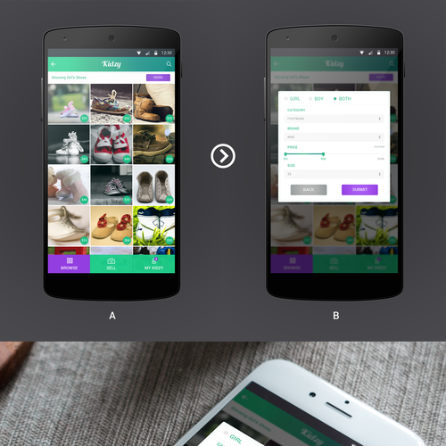 Mobile App Kidzy 2 simple screens + Logo. Design by Makak._.Studios