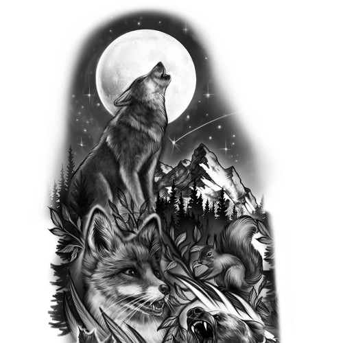 Wolf and forest half leg sleeve Tattoo