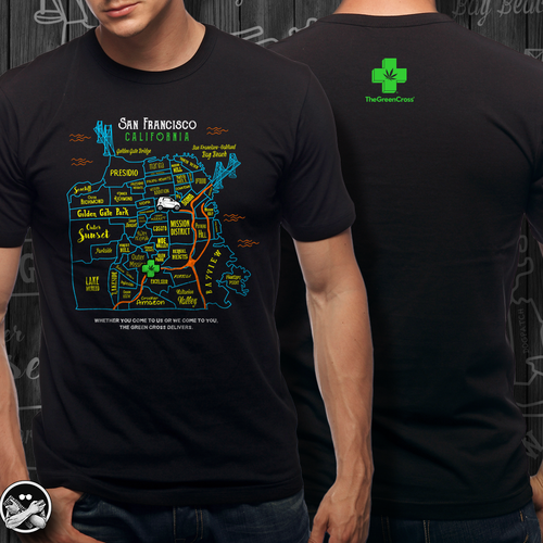 Create a vibrant San Francisco map-themed t-shirt for The Green Cross! Design by xzequteworx