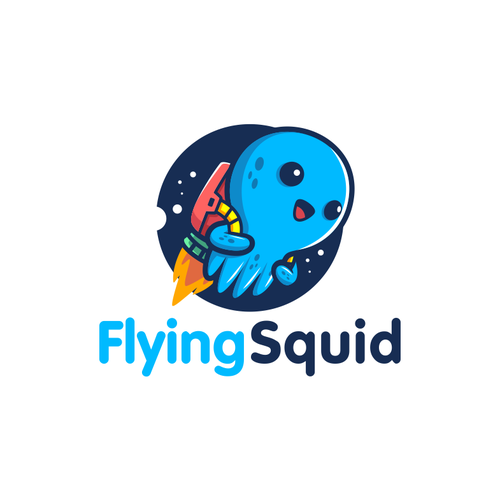 Logo of a squid wearing a jetpack for product named FlyingSquid Design by palugongso