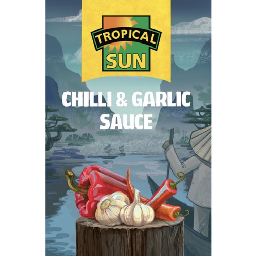 Design Tropical Sun Chilli & Garlic Sauce Label Digital Painting por MNTLIX