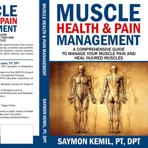 Book cover with a drawing images of the human anatomy combining muscles and bone structure. Design by Bigpoints