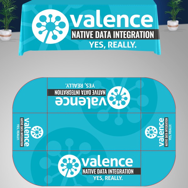 Design a four-sided tablecloth to make us look snazzy at our first tradeshow expo