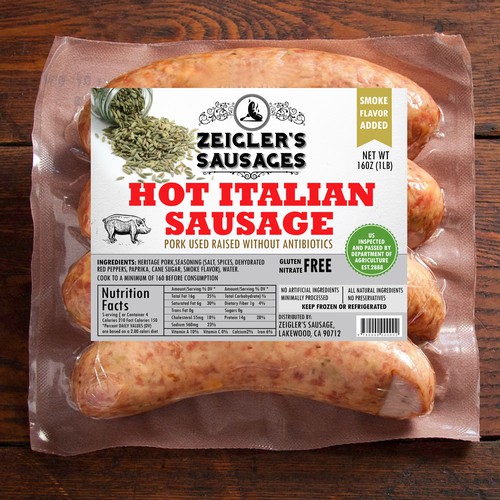 Design a sleek new product label for Zeigler's Sausages Product label