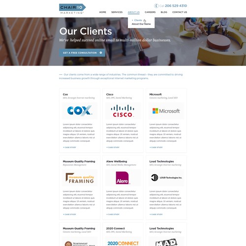 Create a memorable and modern website for Chair 10 Marketing  page