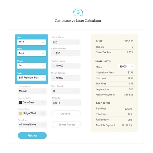 Create a Car Lease vs Loan Calculator Web page design contest