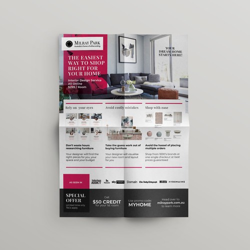 Design a mailbox flyer for an online interior design company Postcard