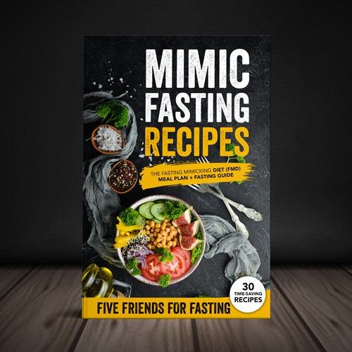 Design a fancy cover+basic layout for an e-book-based recipe book for the new fasting technique FMD Diseño de Yna