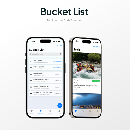 "Modern and appealing bucket list app design" Design by Chris Brendan