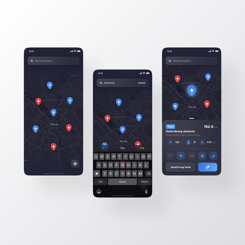 Tesla App to localise charging point on a map Design by Uladzis