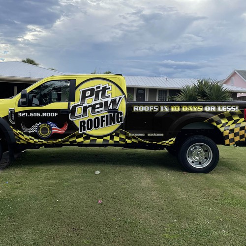 Vehicle Wrap Modification for a race car themed roofing company Design by theANUNGs