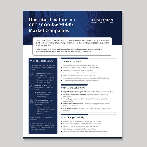 Executive One-Pager for Interim CFO / COO firm