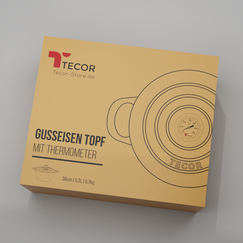Packaging design for a cast iron pot with Thermometer from TECOR.  Logo available!! Design by babibola