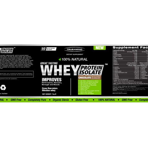 Create a logo and label for a new all natural whey protein supplement ...