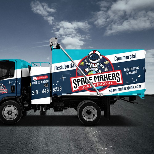 Fun and Catchy Junk Removal Service Truck Wrap - Space Theme Design by DuhaCreative