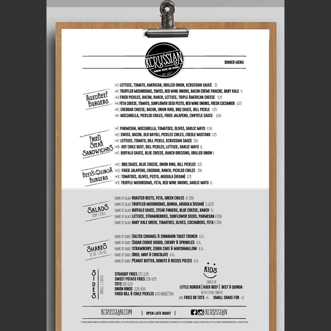 Menu Prototype For Casual Burger Shake Place In Craft