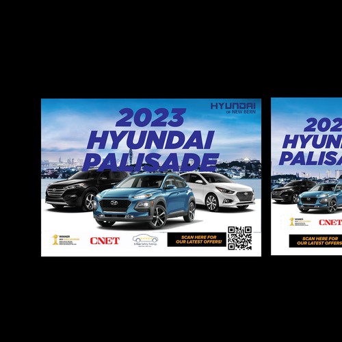 Flyer for Hyundai car dealership showing off the new Palisade and Elantra Design by Graphics House