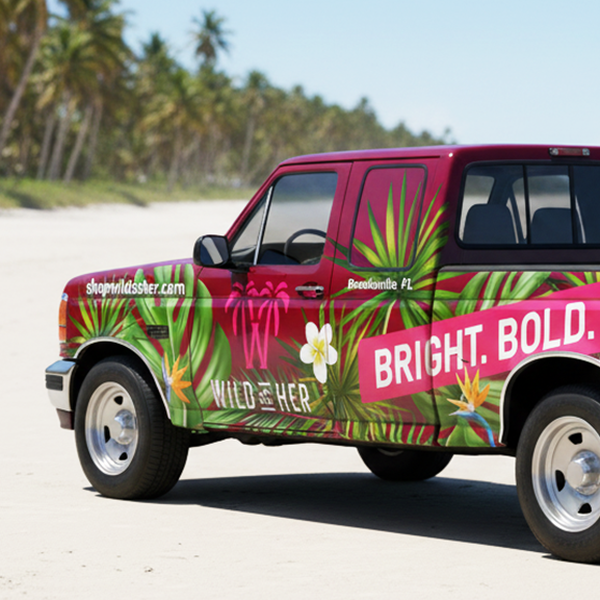 bright, bold, wild car wrap for woman's boutique