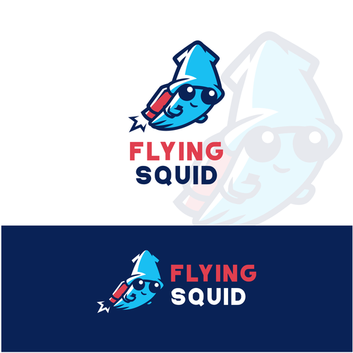 Logo of a squid wearing a jetpack for product named FlyingSquid Design by Rock N Draw