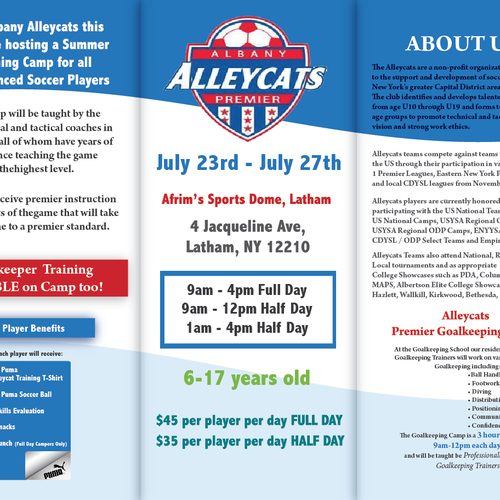 Soccer Camp Brochure wanted for Albany Alleycats Premier Soccer Club デザイン by Natalia Malyugina
