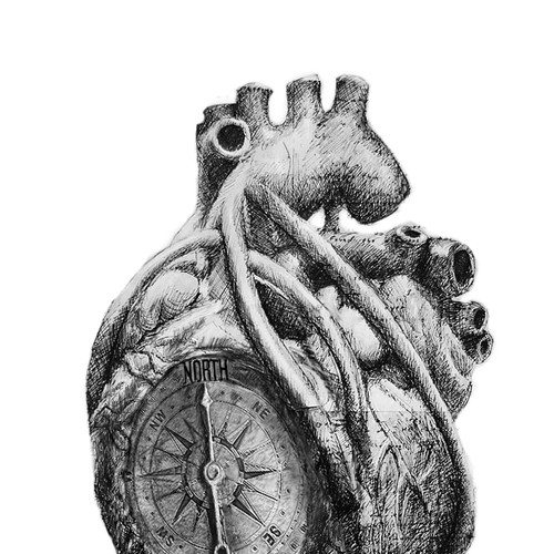 Greyscale Drawing of Da Vinci Anatomical Heart w/ Nautical Compass for Tattoo Design by GraphicRogue