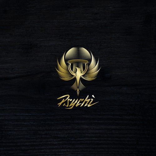 Psychi - a golden Phoenix and wild psilocybin mushrooms Design by salmArt26