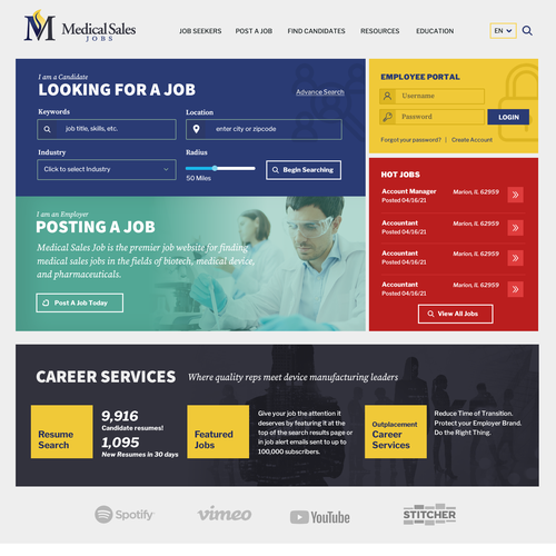Web design for- Medical Sales Job Board, Resource Center, and Live Podcast Design by Technology Wisdom