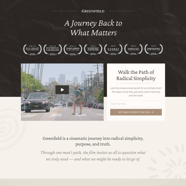 Design a film screening optin page that embodies what it means to live in harmony with the Earth